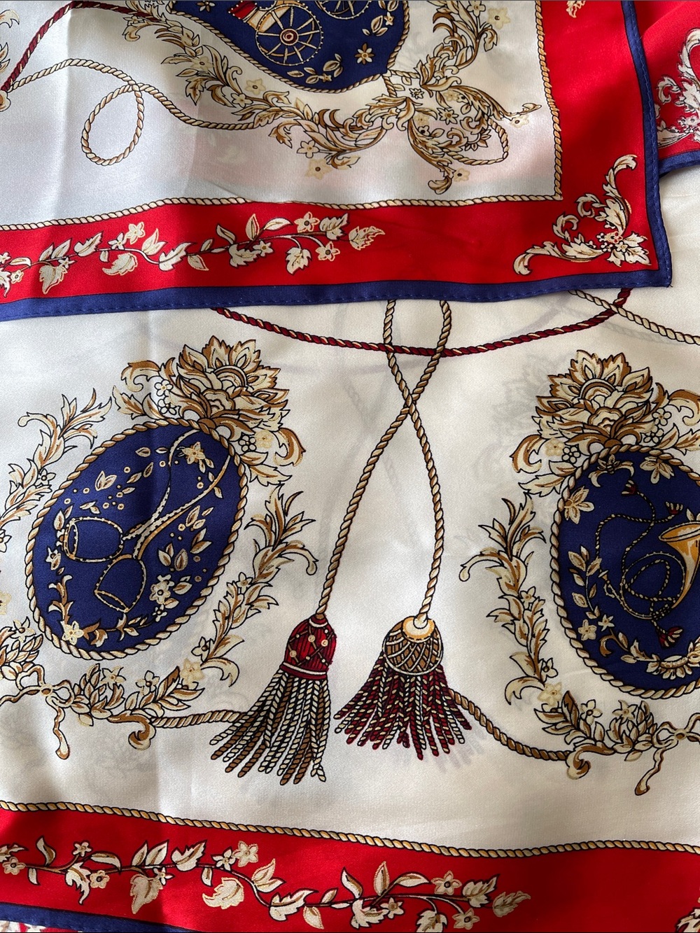 100% Italian Silk Cream Scarf with Blue Medallions & Red Border